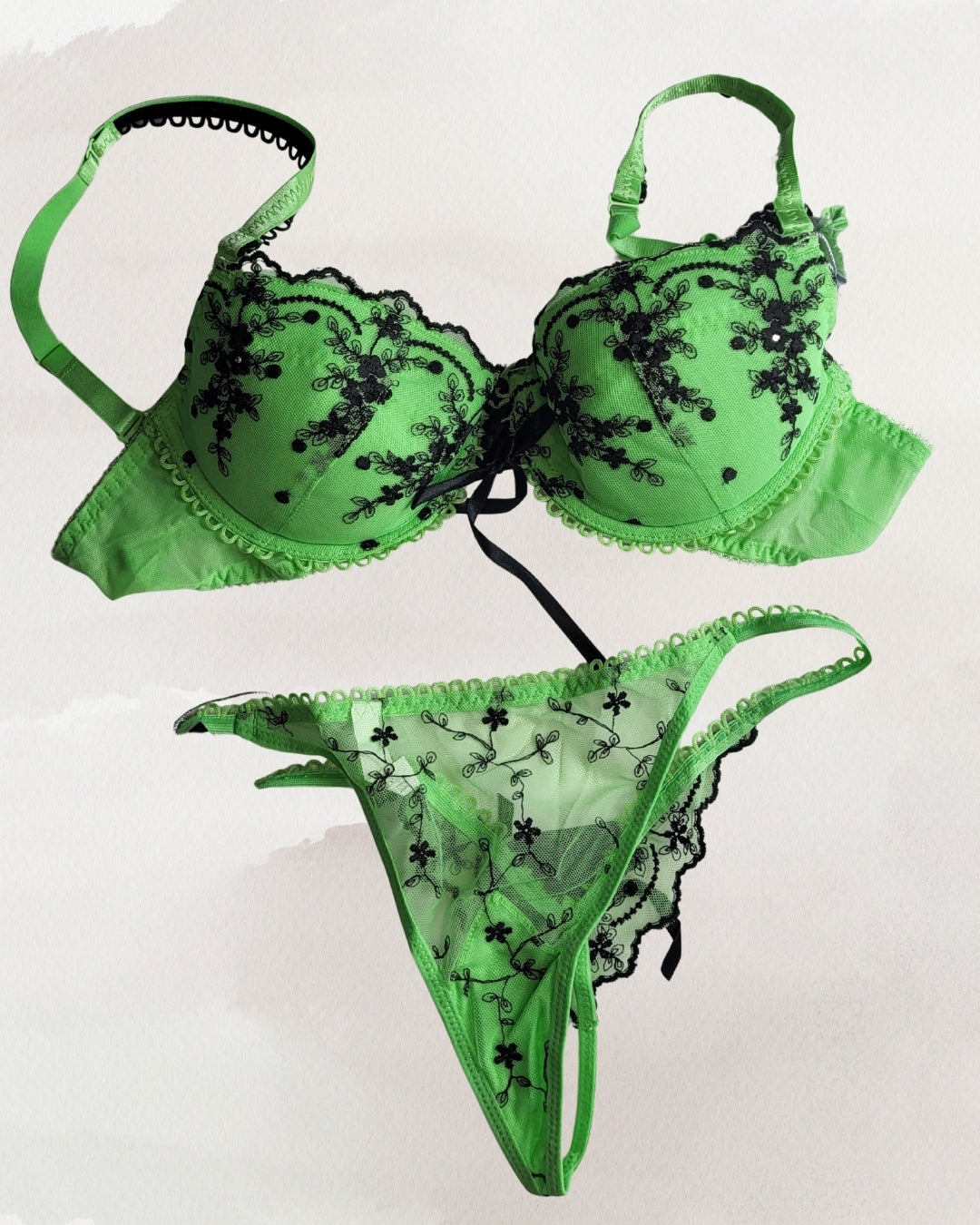 Acousma žalias nėriniuotas apatinio trikotažo komplektas moterims