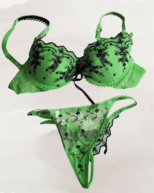 Acousma žalias nėriniuotas apatinio trikotažo komplektas moterims
